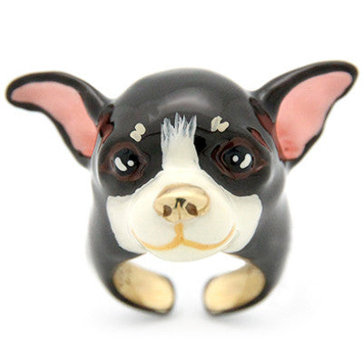 Handcrafted ring showcasing a charming Chihuahua face, perfect for dog lovers.