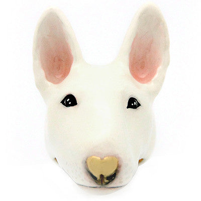 White bull terrier ring with a heart-shaped nose.