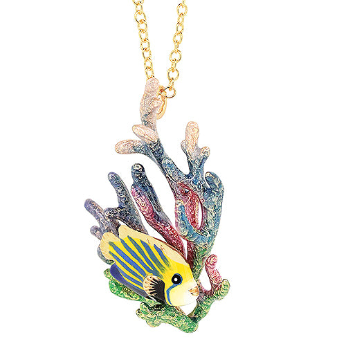 Ocean-inspired necklace featuring a fish with design on colorful coral.