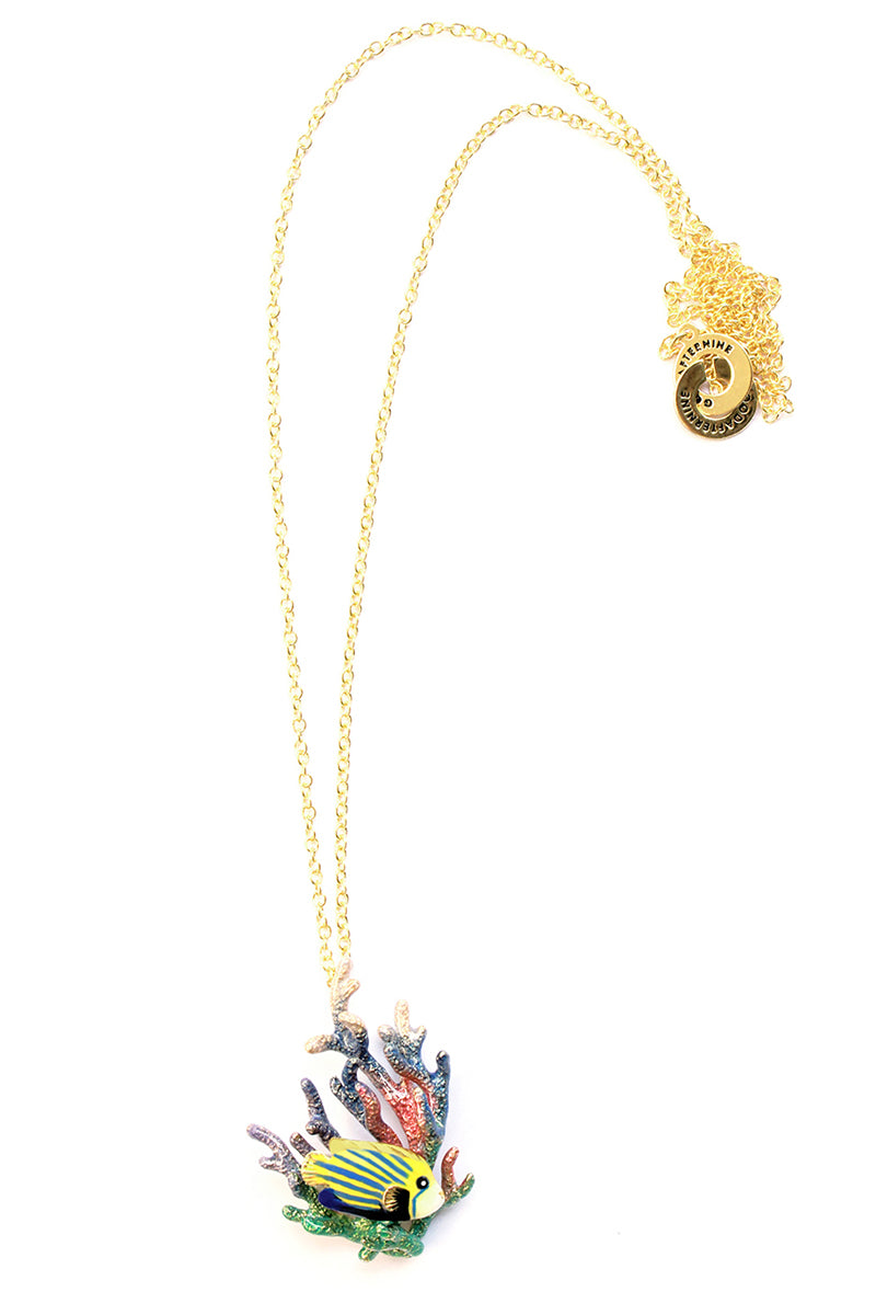 Ocean-inspired necklace featuring a fish with design on colorful coral.