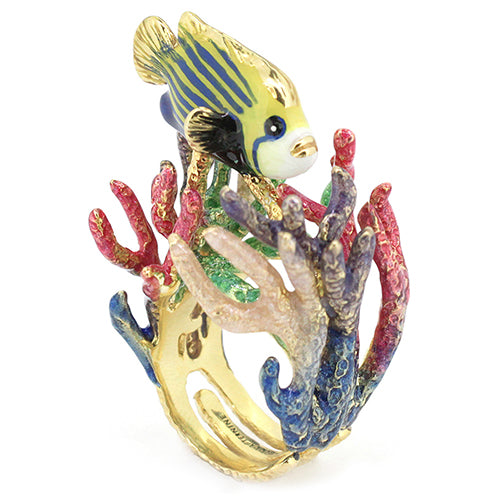 A vibrant ring featuring a colorful fish and coral design.