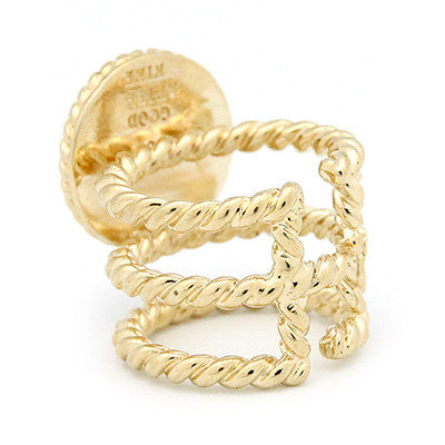 Unique gold ring with a braided rope design and a moon-like pearl.