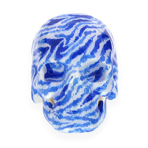 Hand-painted skull ring featuring a unique zebra pattern in blue and white.
