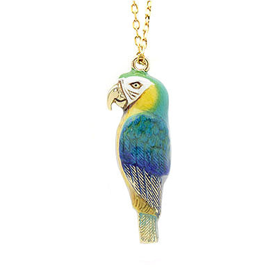 Beautifully crafted hand-painted blue macaw whistle necklace, perfect for bird lovers.
