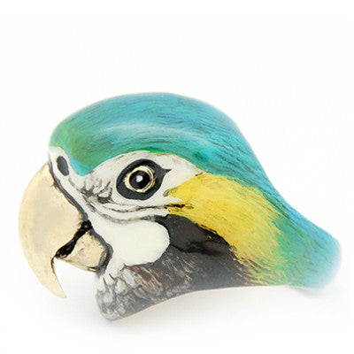 Handcrafted ring featuring a colorful parrot, perfect for animal lovers.