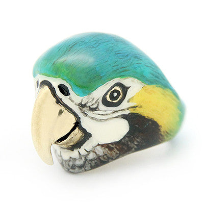Handcrafted ring featuring a colorful parrot.