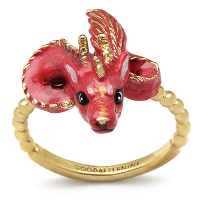 Handcrafted red dragon ring with intricate detailing, inspired by the Chinese zodiac sign.