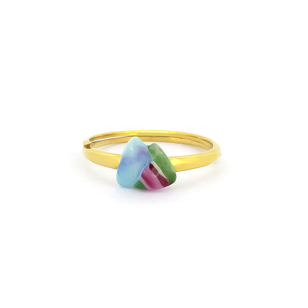 Vibrant mountain ring featuring blue, green, and pink stones.