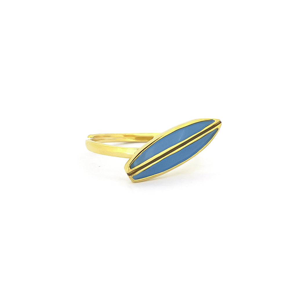 Trendy gold ring with a blue surfboard design, perfect for jewelry lovers.